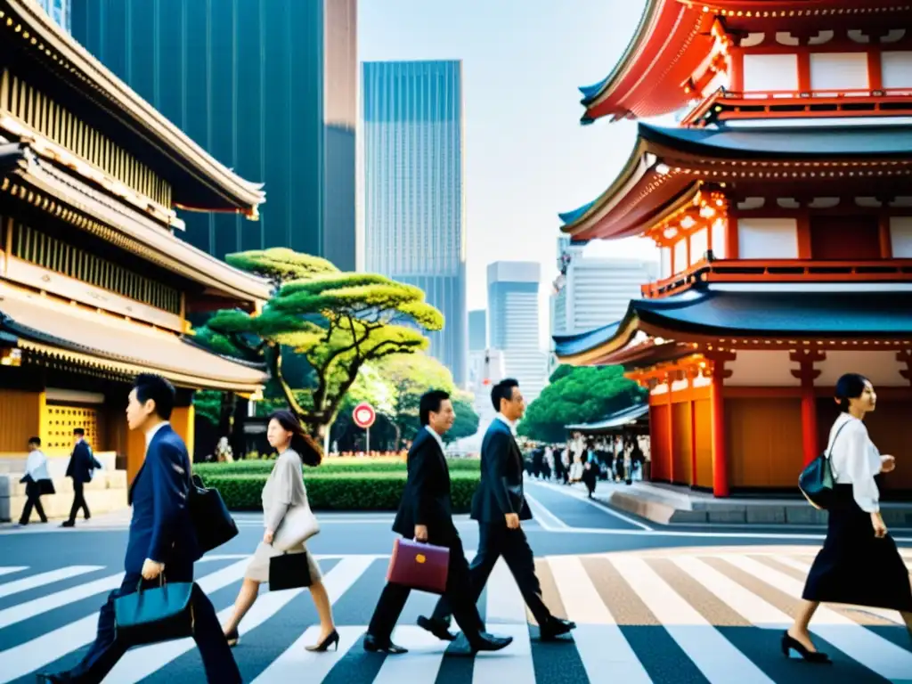 Escena urbana en Tokio: arquitectura tradicional y moderna, gente de negocios, santuario Shinto en contraste