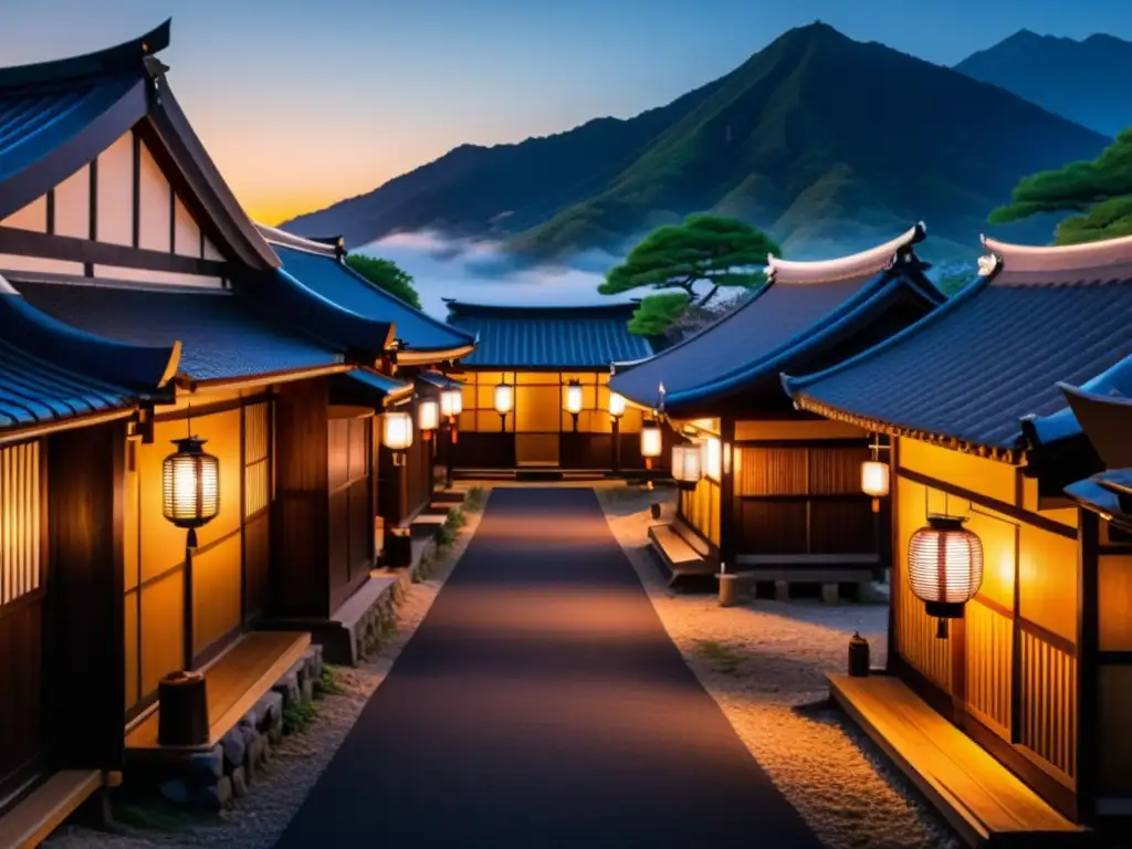 Escena vibrante y atmosférica de aldea japonesa tradicional iluminada por antorchas y linternas en la noche, evocando noches temáticas aldeas samurái