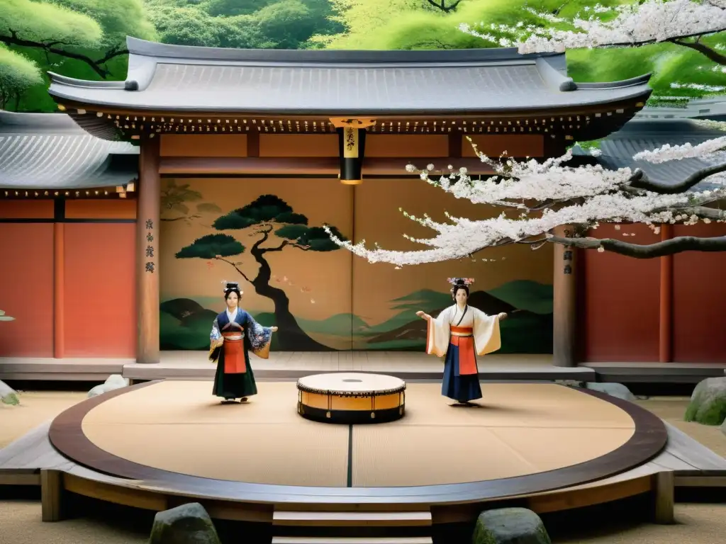 Escenario ancestral del teatro Noh: tradición y gracia Un escenario antiguo y desgastado de teatro Noh, rodeado de naturaleza exuberante y árboles de cerezo
