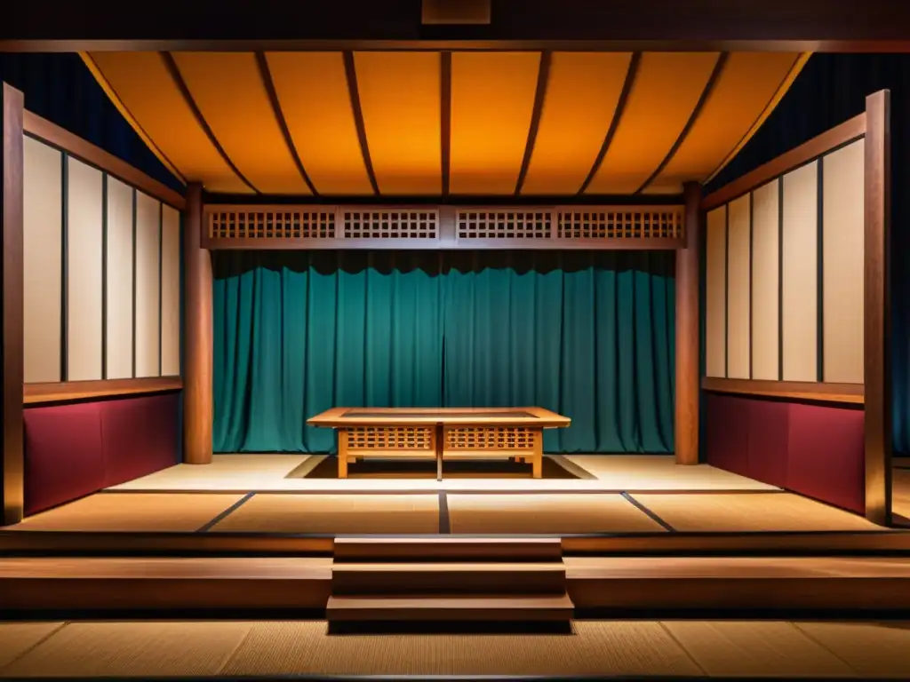 Escenario de Noh: Detalles y Elegancia Un escenario detallado de teatro Noh con influencia de artes marciales