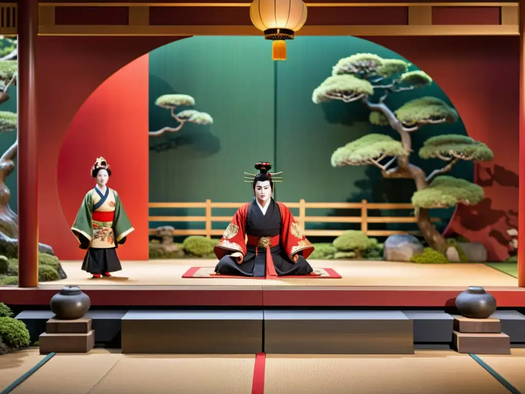 Escenario Kabuki tradicional con influencia samurái en decorados, evocando la riqueza cultural y la historia de Japón