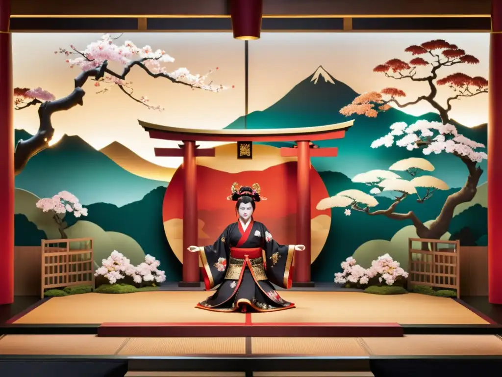 Escenario Kabuki tradicional con influencia samurái en decorados, iluminación dramática y paisaje japonés exuberante