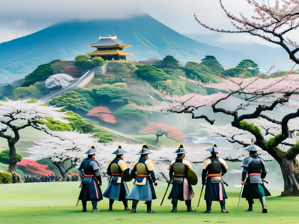 Un escenario panorámico de la batalla del período Kamakura, con guerreros samuráis listos para el combate, rodeados de cerezos en flor