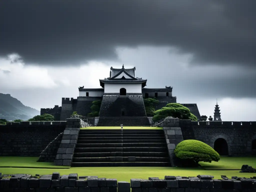 Un escenario sombrío y evocador de las ruinas del Castillo de Shimabara, mostrando la resistencia tras el Levantamiento cristiano en Shimabara