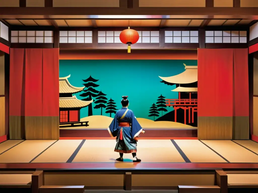 Un escenario teatral tradicional japonés Kabuki, con actores en trajes samurái, y una audiencia atenta
