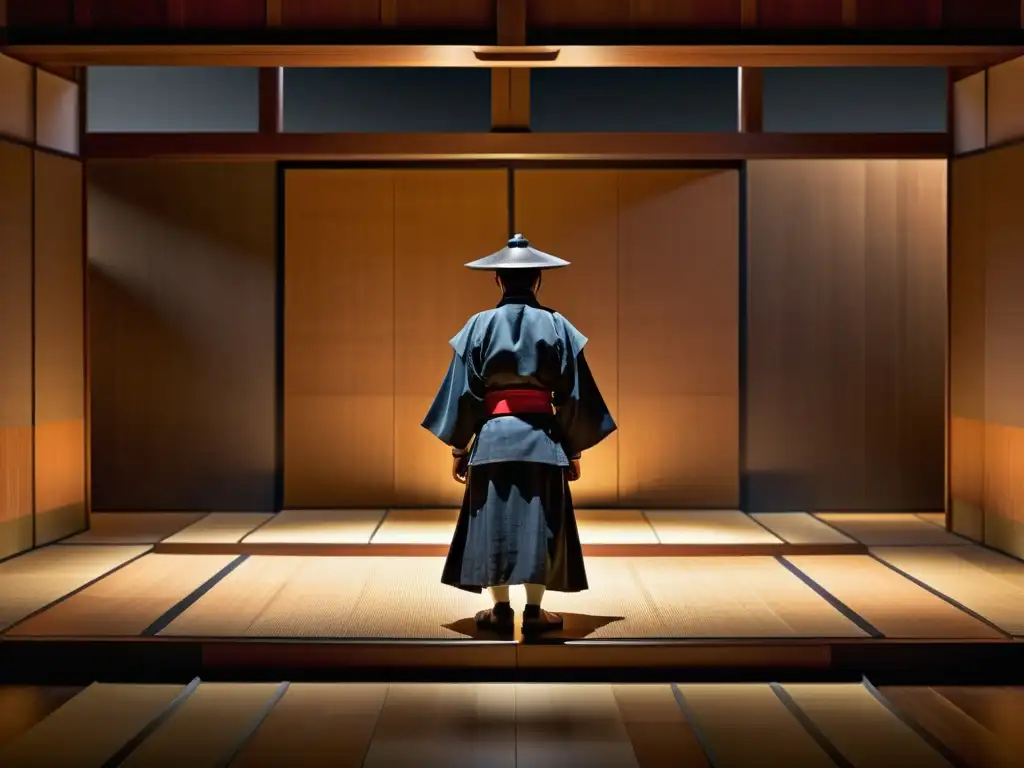 Un escenario de teatro Noh japonés con un actor solitario en un impresionante traje de samurái, iluminado dramáticamente