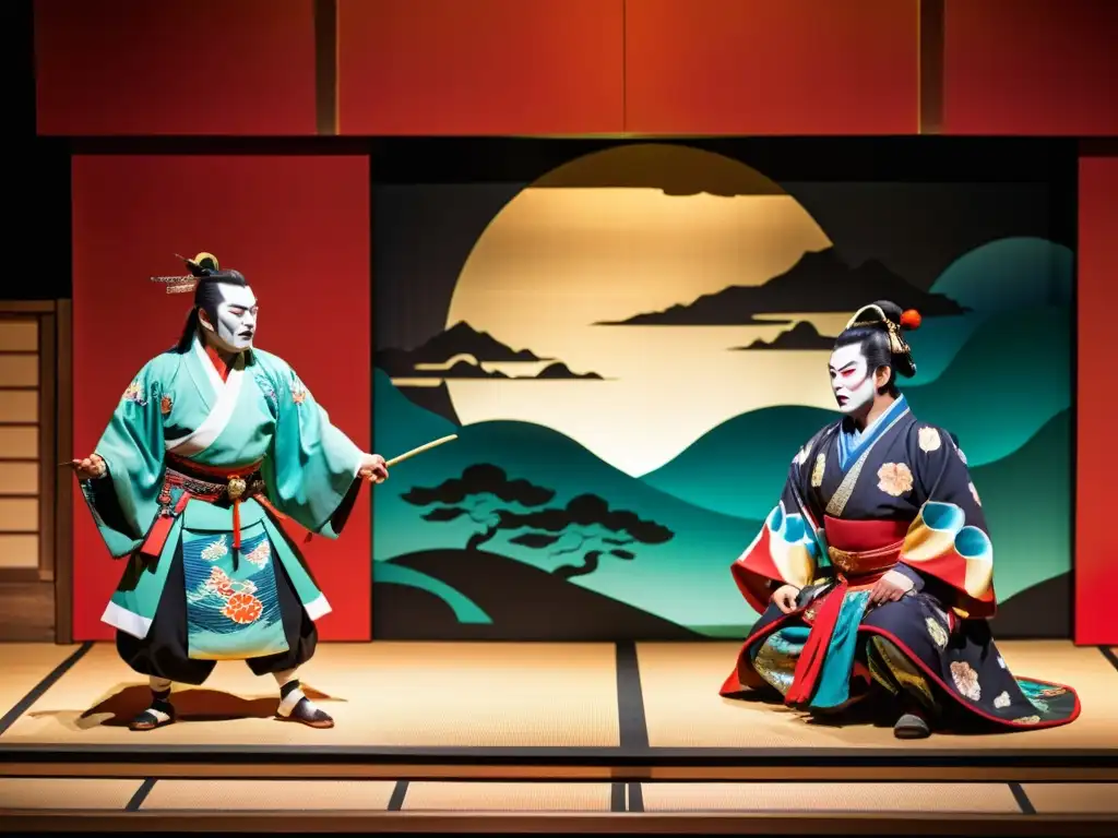 Escenario teatro Kabuki japonés con actores en actuación, mostrando la pasión y disciplina de la filosofía samurai