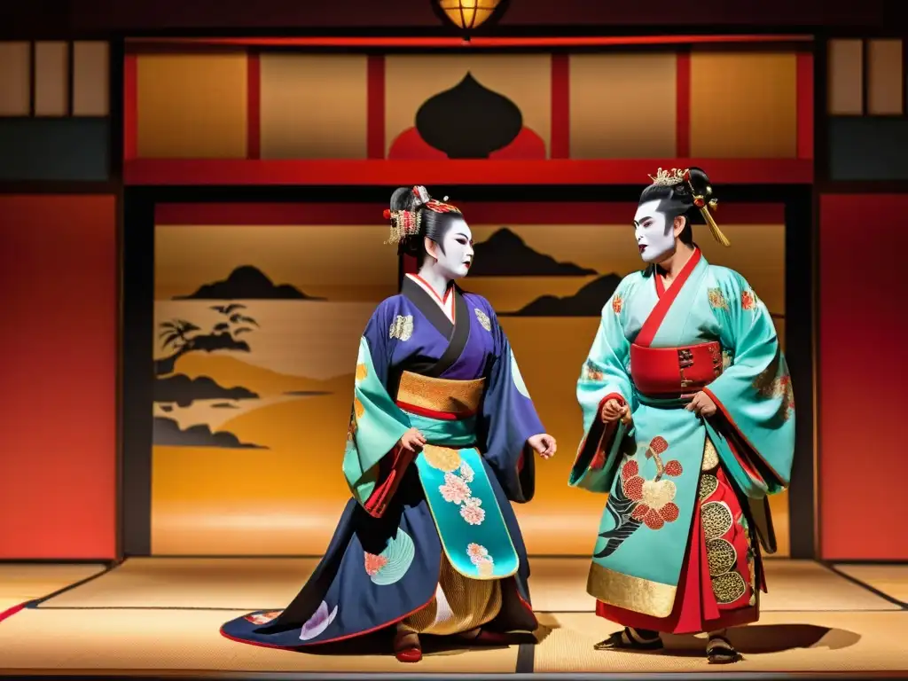 Un escenario de teatro Kabuki tradicional con actores en poses dramáticas y vestuarios elaborados, creando un ambiente impresionante