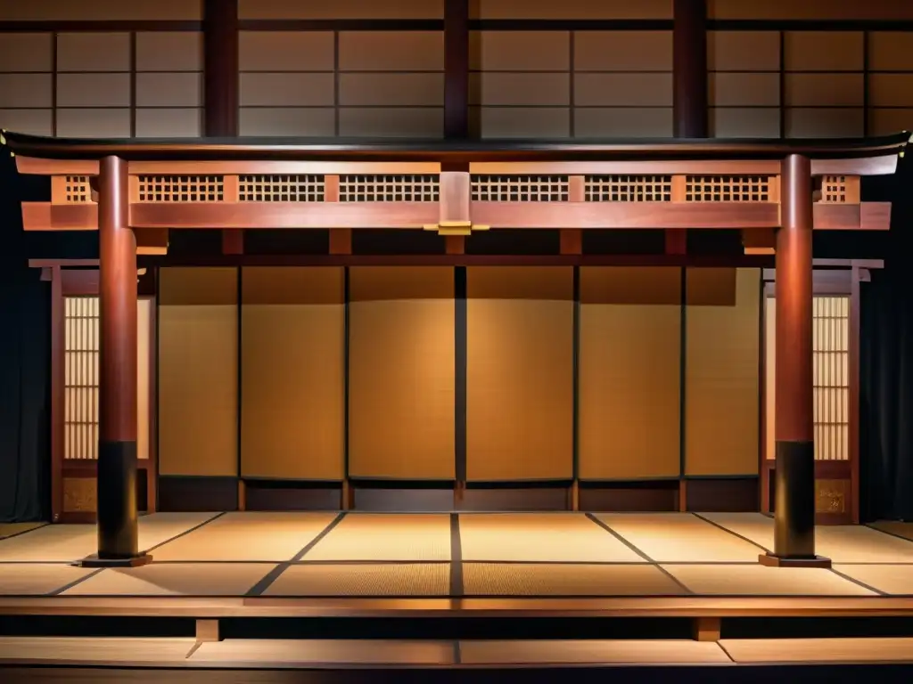 Escenario de teatro Noh japonés, actores con trajes tradicionales en plena actuación, evocando la historia de Chūshingura