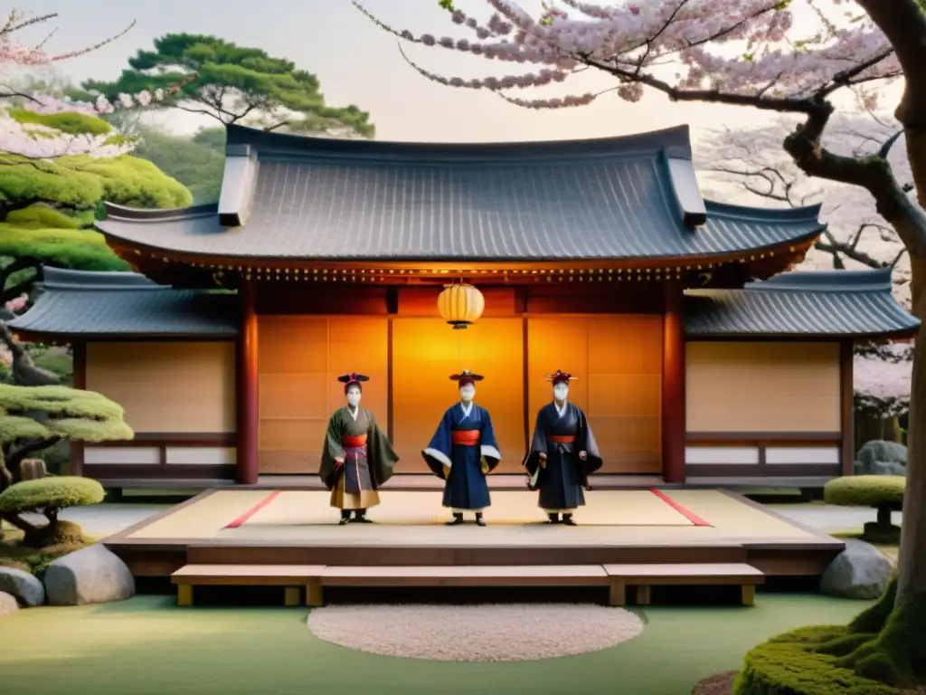 Escenario de Teatro Noh influencia samurái con máscaras y trajes tradicionales, en un jardín japonés con cerezos en flor