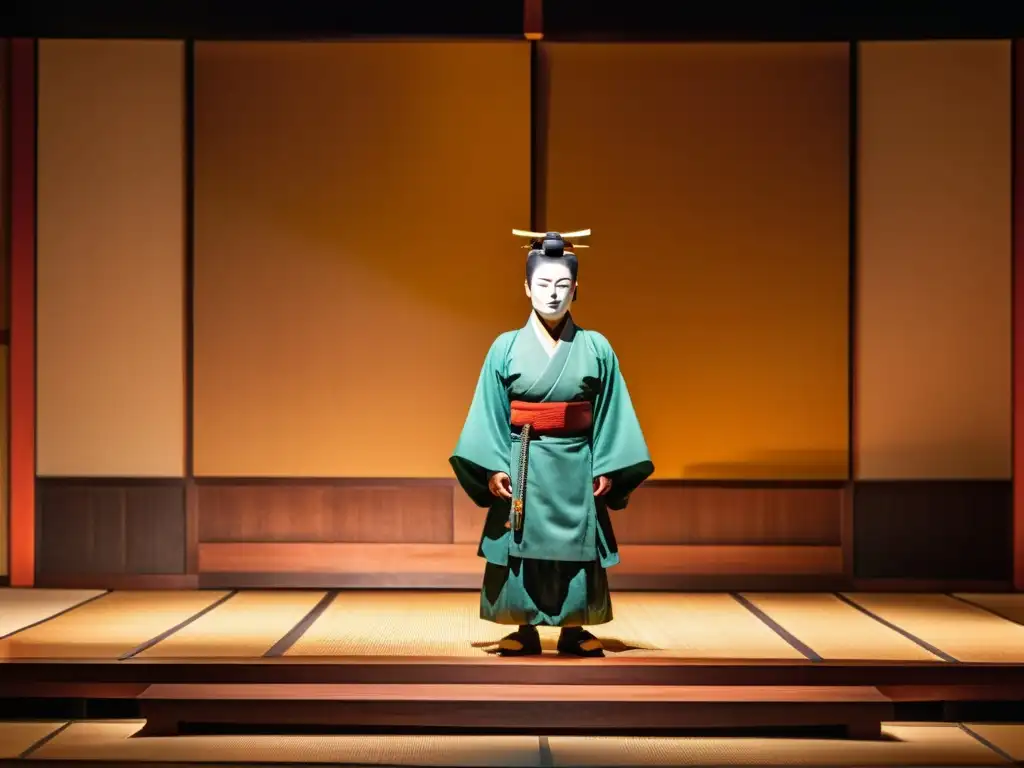 Un escenario de teatro Noh tradicional, bañado en cálida luz dorada