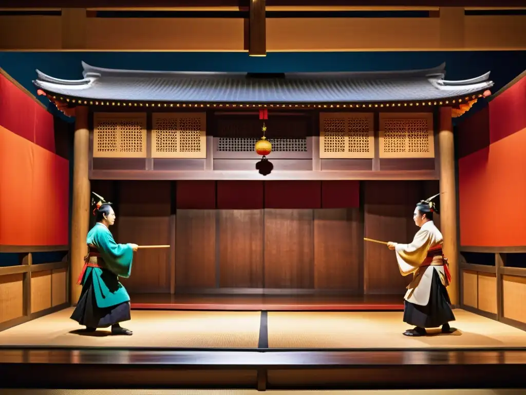 Escenario de teatro Noh tradicional japonés, influencia samurái, con iluminación cálida y atmósfera cautivadora