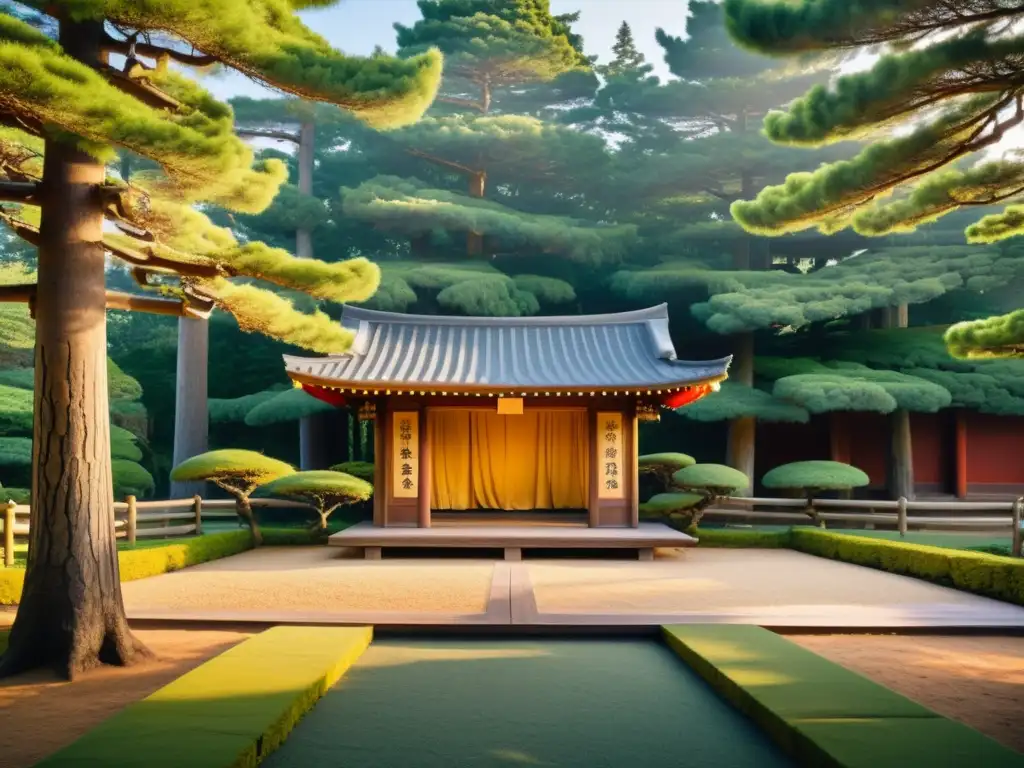 Escenario de teatro Noh japonés: belleza atemporal Escenario tradicional del teatro Noh japonés rodeado de pinos antiguos, evocando la influencia de las artes marciales y la belleza cultural