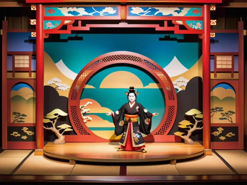 Escenario tradicional del Teatro Kabuki con decoraciones elaboradas y escenas emotivas que capturan la influencia Bushidō