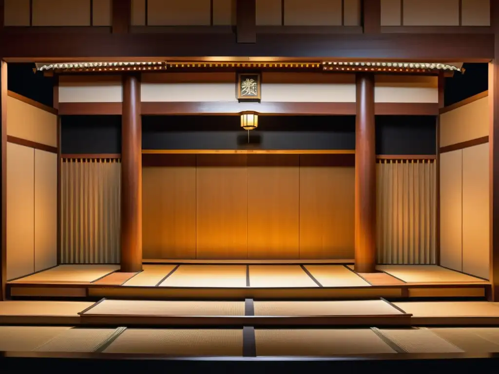 Escenario tradicional vacío de teatro Noh japonés, iluminación sutil y diseño minimalista, evocando conexiones entre el Código Samurai