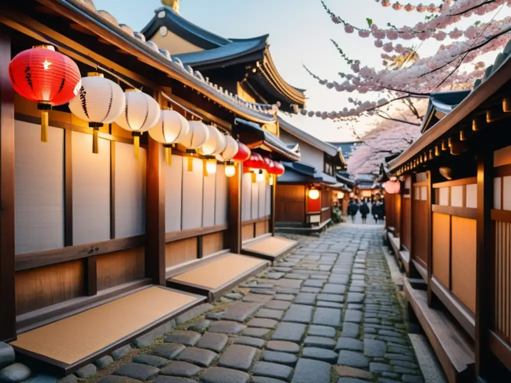 Un escenario vibrante de un barrio histórico de los samuráis en Japón, con edificios de madera, faroles de papel y árboles de cerezo