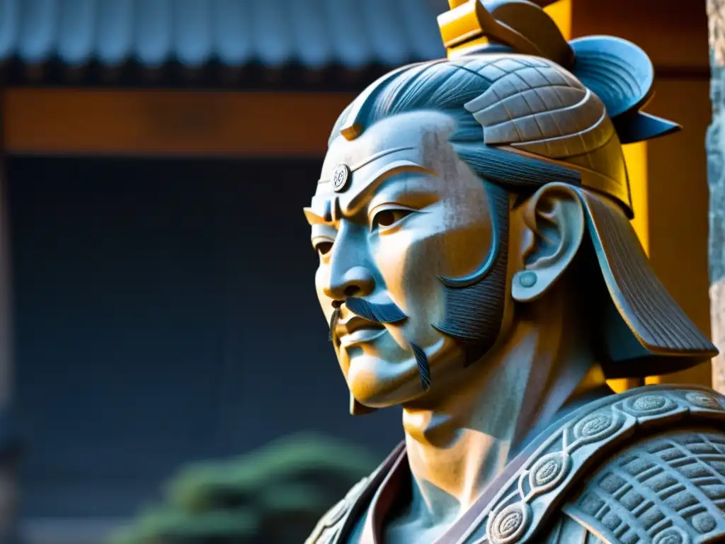 Escultura en castillo samurái: Detalle de una antigua estatua de piedra, con expresión estoica, iluminada por el amanecer en un paisaje majestuoso