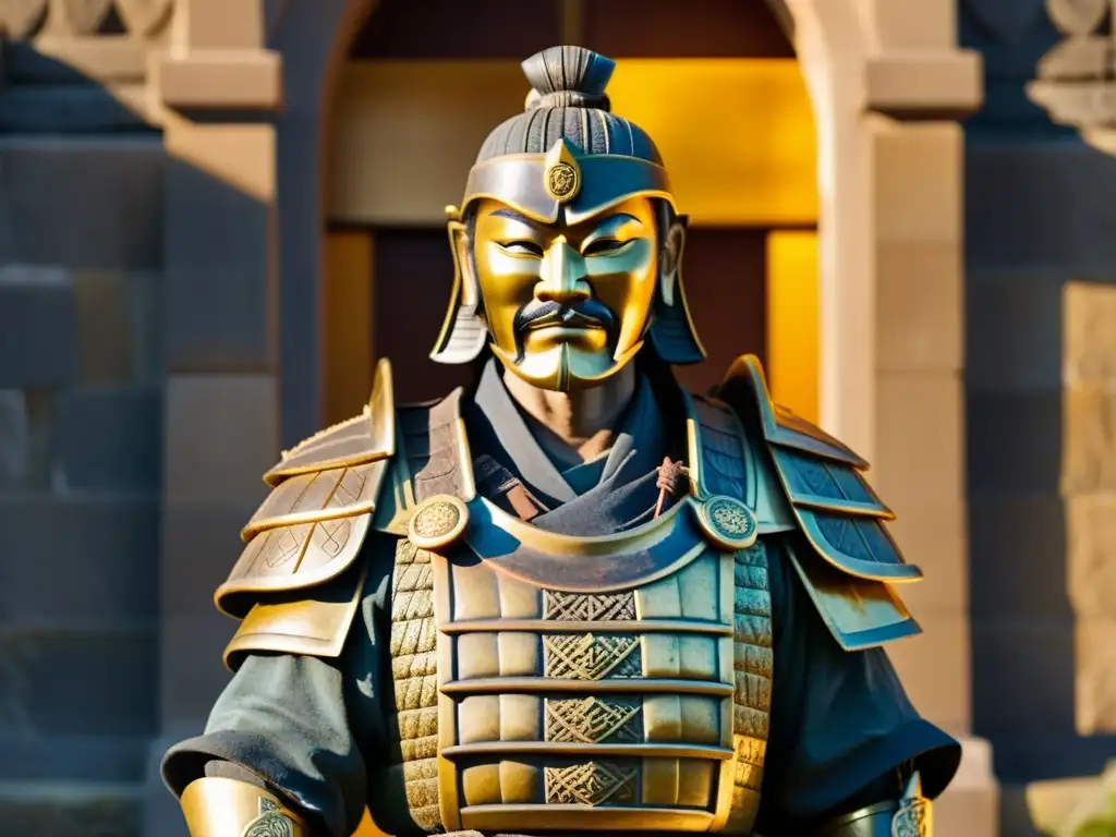 Escultura en castillo samurái: detallada estatua de piedra antigua, con armadura tallada y expresión stoica, iluminada por la suave luz dorada del atardecer