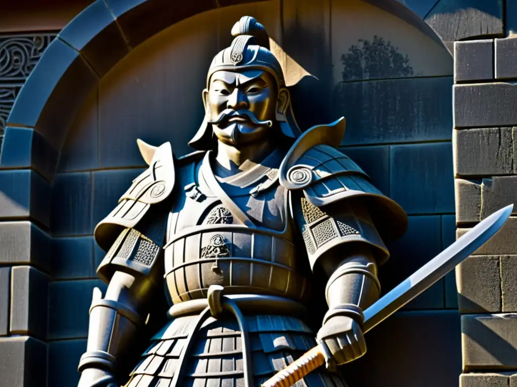 Escultura de guerrero samurái en castillo: detalle en piedra envejecida con textura y misterio bajo la luz y sombra del tiempo