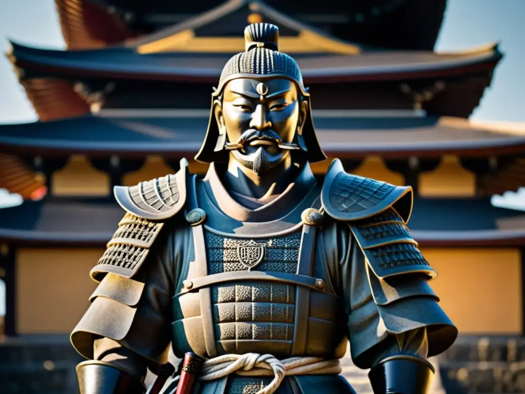 Escultura en castillo samurái: Imponente estatua de guerrero, con detalles detallados y dramáticos
