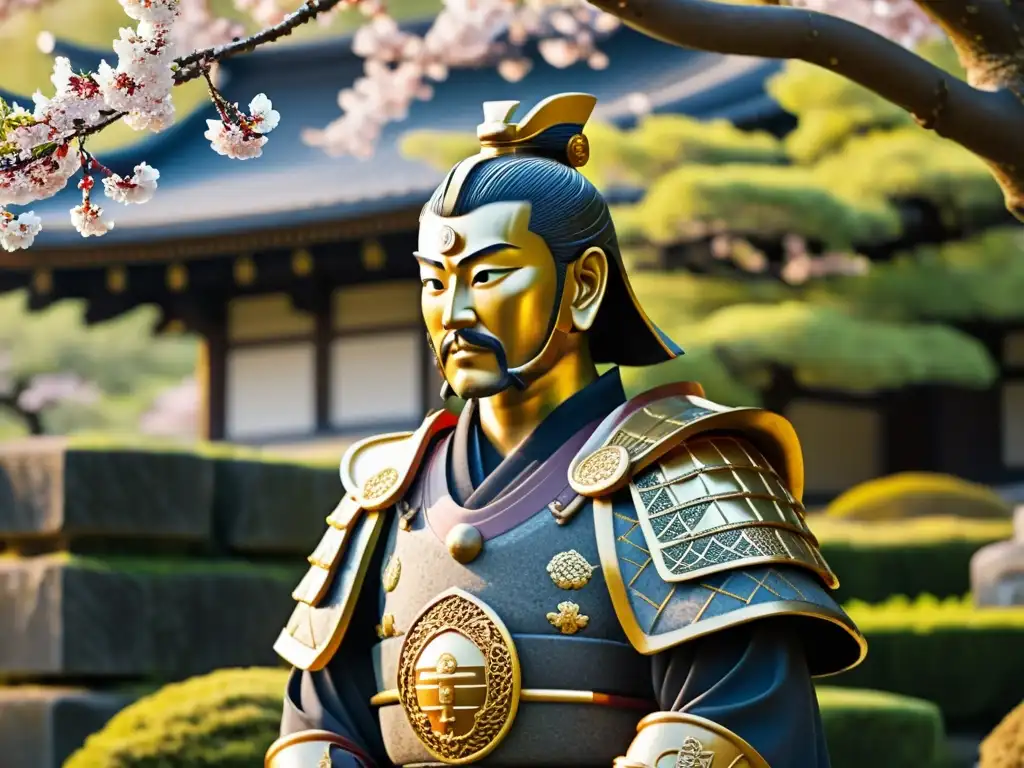 Escultura de samurái en castillo: un guardián de piedra en armadura, rodeado de naturaleza exuberante y cerezos en flor