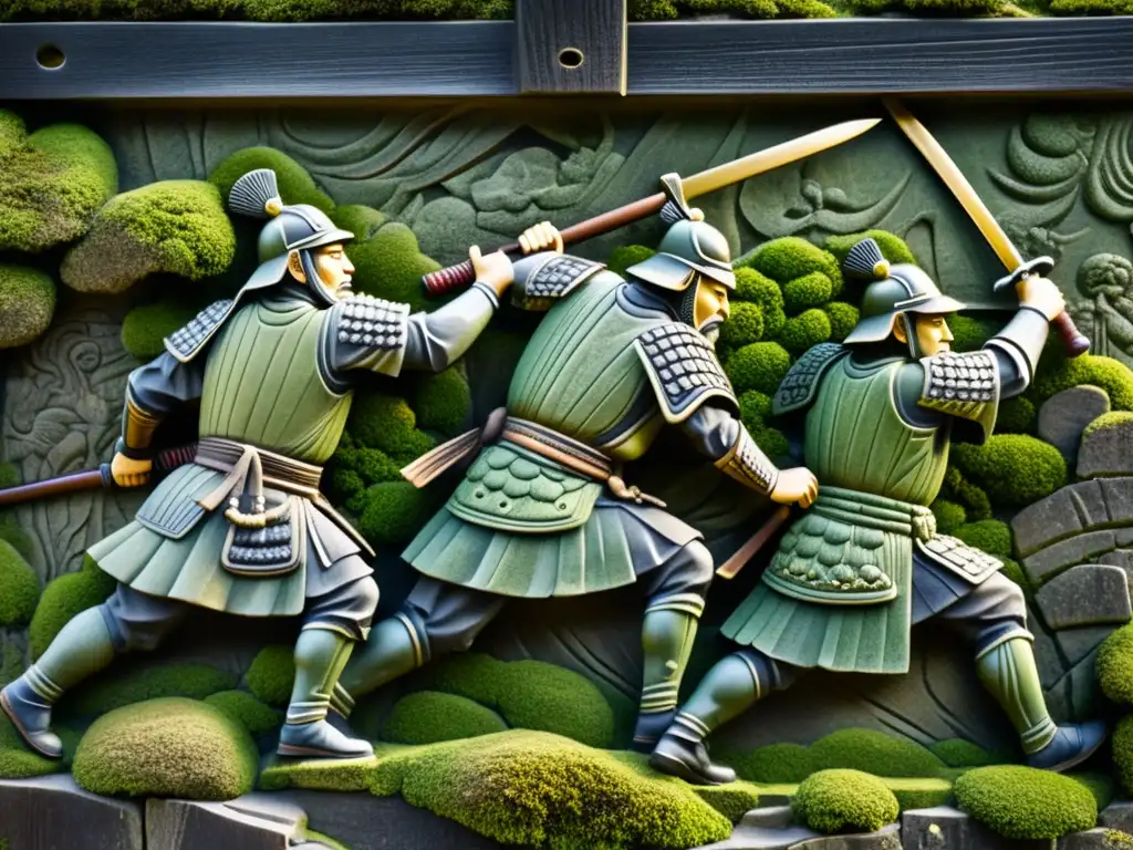 Esculturas en castillos samurái: Detalle de una antigua batalla tallada en piedra, envuelta en musgo, con un aura de solemnidad y grandeza