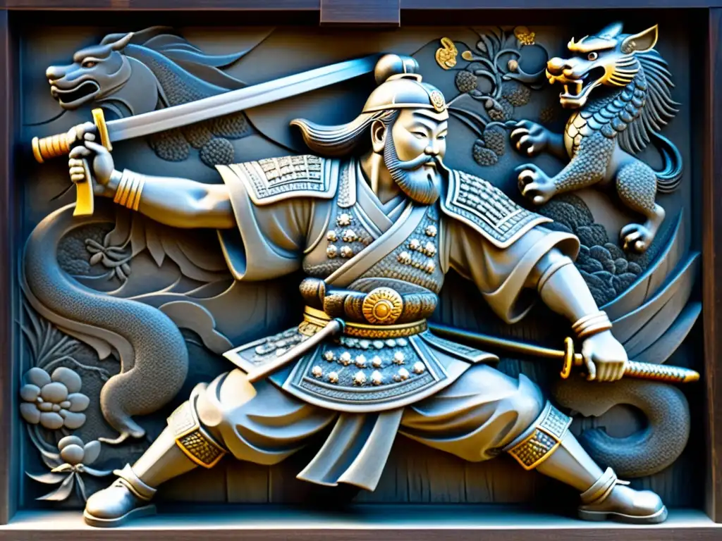 Esculturas en castillos samurái: Detallado relieve en piedra de batallas legendarias y guerreros samurái, iluminado por luz y sombra