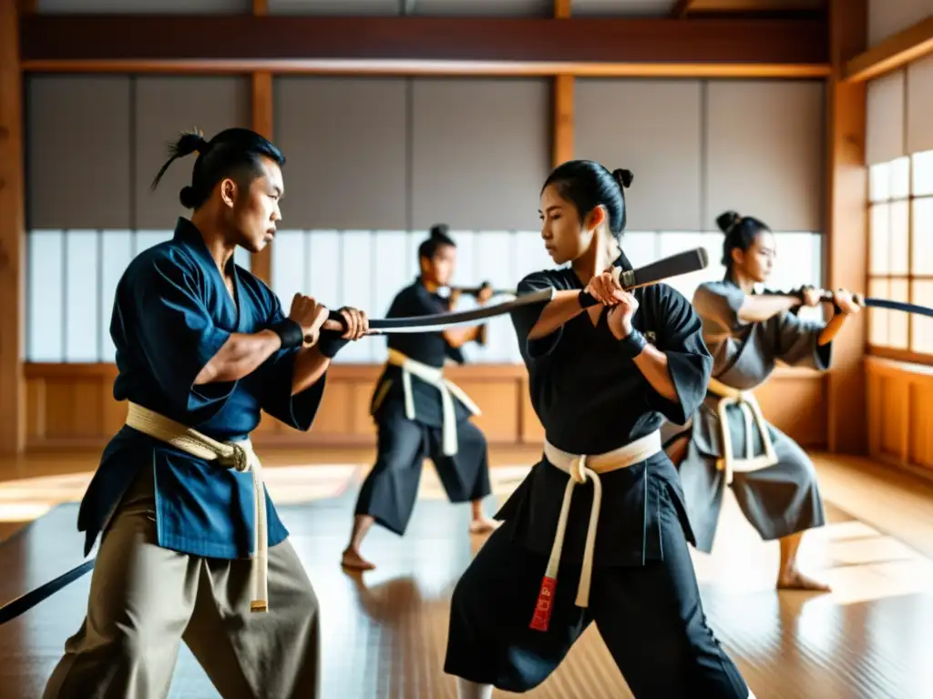 Práctica de esgrima japonesa con katanas en estudio de artes marciales, fusionando influencia global y tradición japonesa