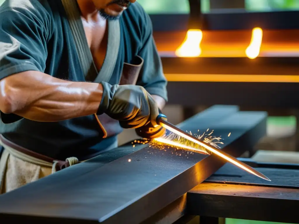 Un hábil herrero cuida con esmero una réplica de espada samurái, mostrando la artesanía y dedicación en su taller tradicional