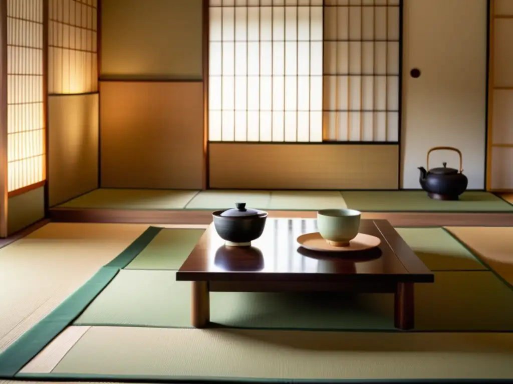 Espacio de ceremonia del té japonés con estética WabiSabi en cultura samurái