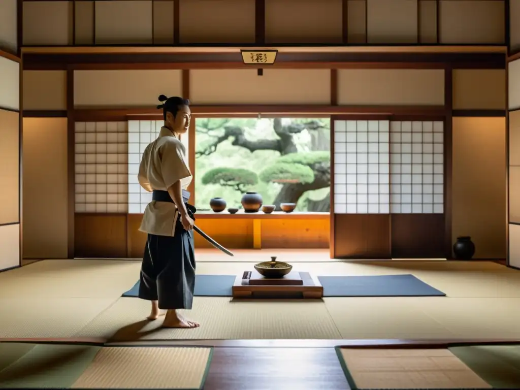 Espacio de entrenamiento samurái con luz natural, armas de madera y bonsáis, donde el sensei dirige a sus estudiantes con disciplina