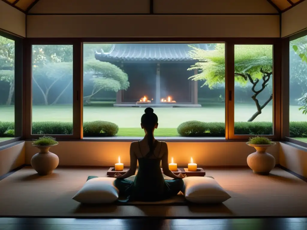 Un espacio de meditación zen iluminado, con una ventana que da a un jardín pacífico