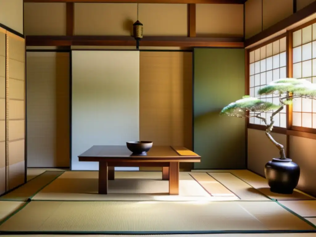 Espacio tradicional japonés con tatamis, puertas corredizas, mesa baja de madera, armadura y bonsáis