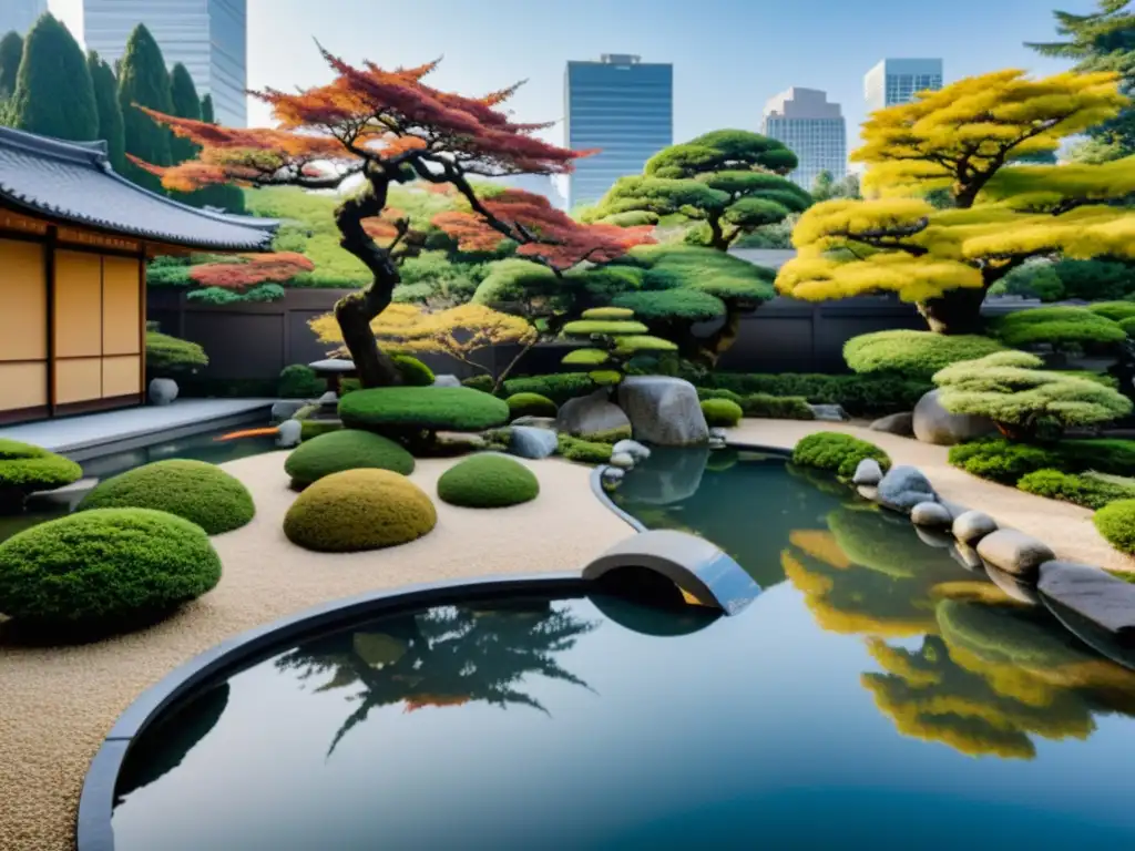 Jardines samurái en espacios urbanos: Un oasis de serenidad japonés en medio de la bulliciosa ciudad, con jardín, bonsáis y koi