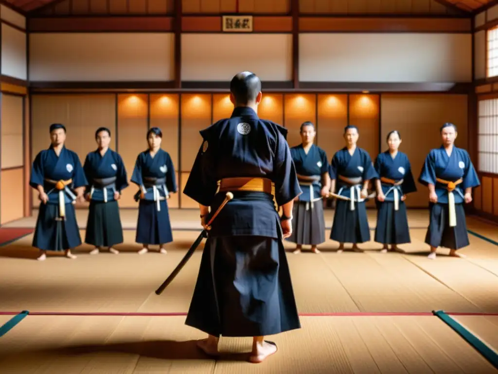 Espacioso dojo de Kendo en Japón con armas de entrenamiento de madera y estudiantes enfocados