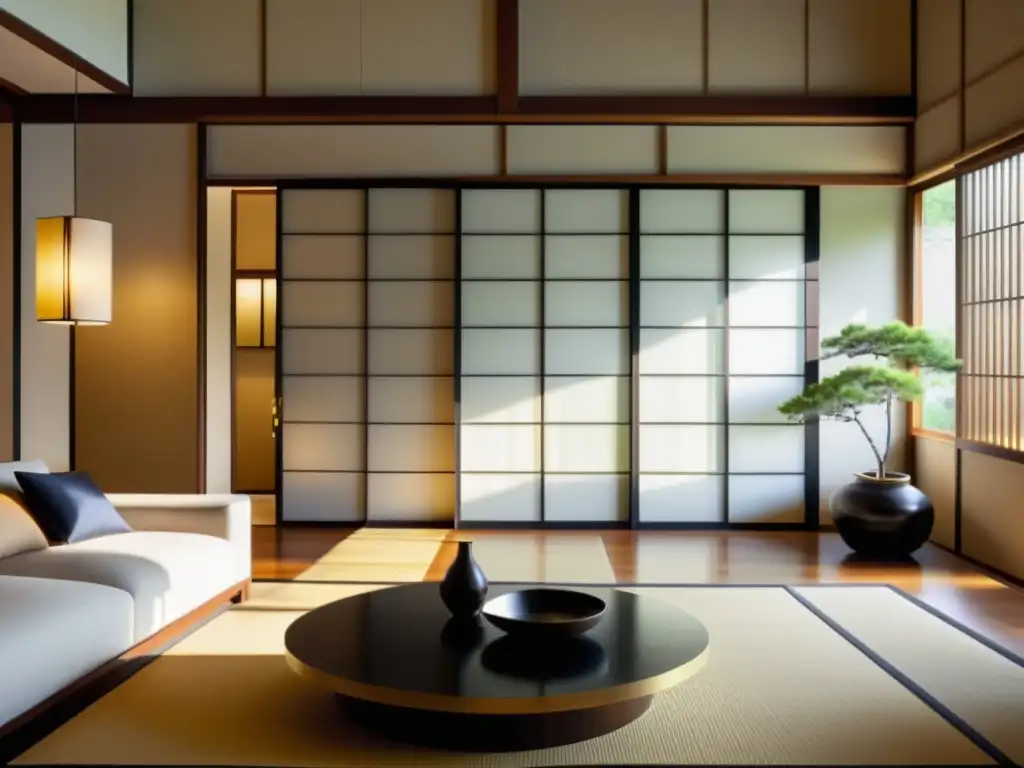 Espacioso salón moderno con elegantes puertas japonesas Shoji creando una atmósfera serena y minimalista