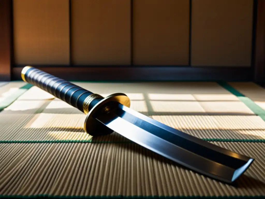 Una espada samurái antigua reposa sobre un tatami japonés, con luz natural que resalta su reverencia histórica