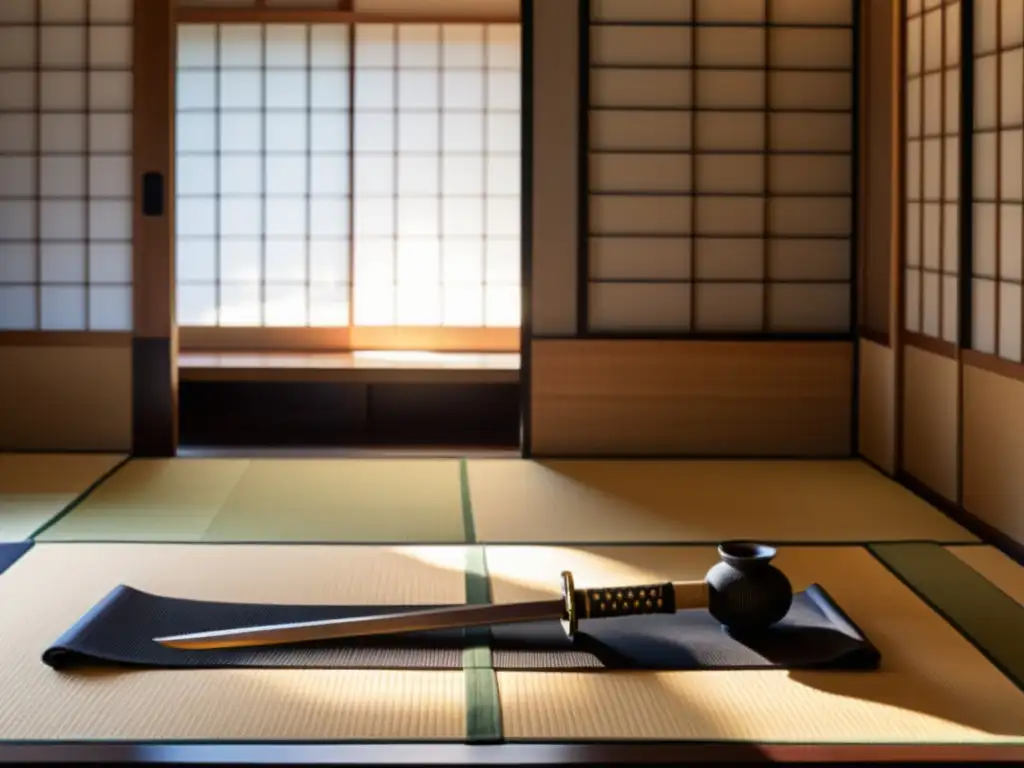 Espada samurái auténtica en elegante habitación japonesa con réplicas