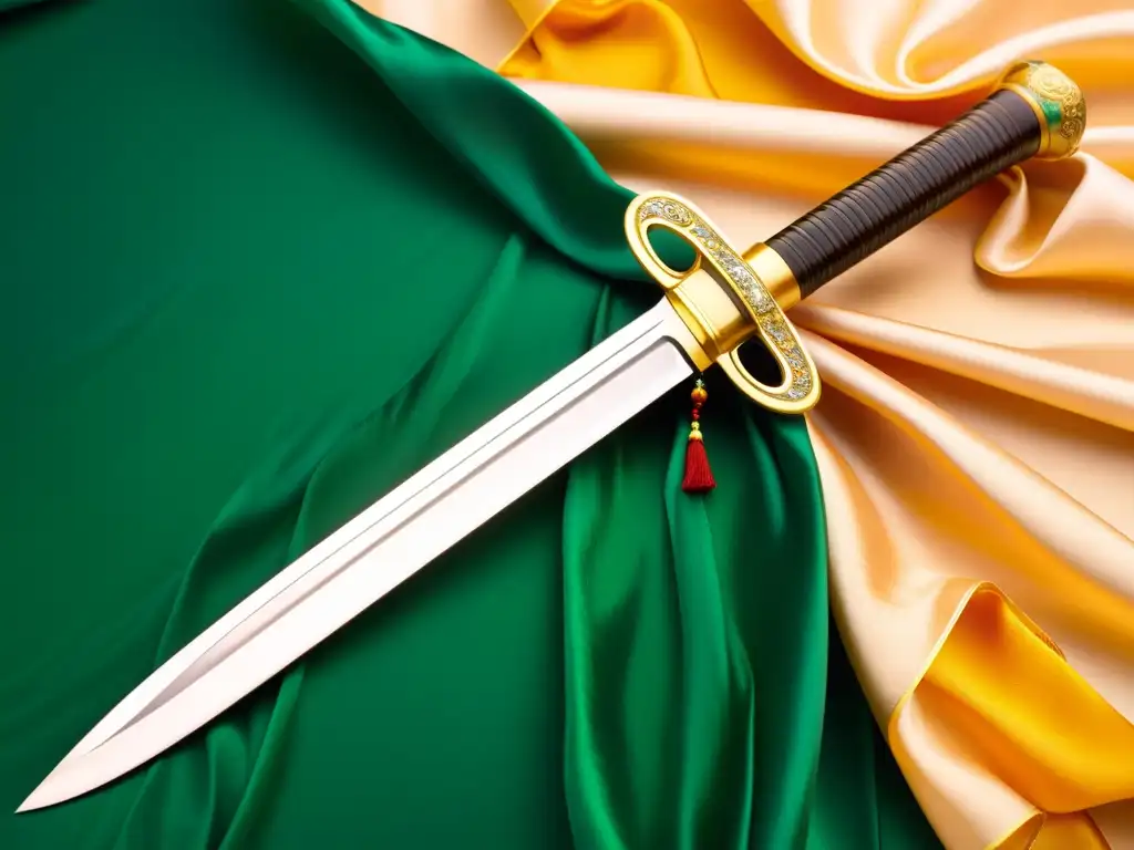 Espada de la dinastía Tang: detallada y exquisita Una espada de la Dinastía Tang con detalles ornamentados en oro y jade, envuelta en seda bordada