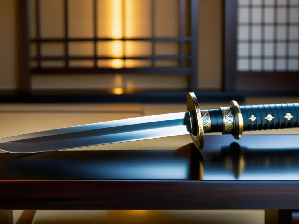 Una espada japonesa katana descansa en un soporte, con detalles de la hoja y el puño adornado