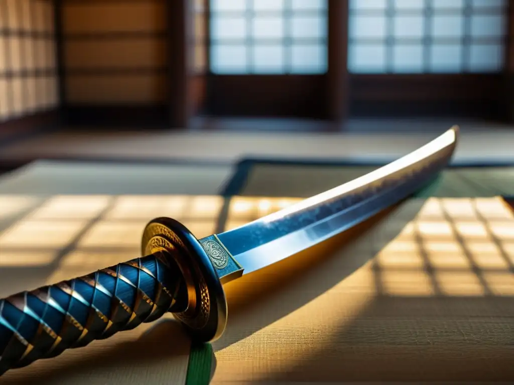 Una espada samurái desgastada refleja la luz suave en un dojo japonés tradicional