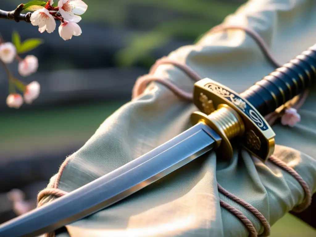 Una espada samurái desgastada reposa sobre un puño envuelto en seda, con una flor de cerezo de fondo