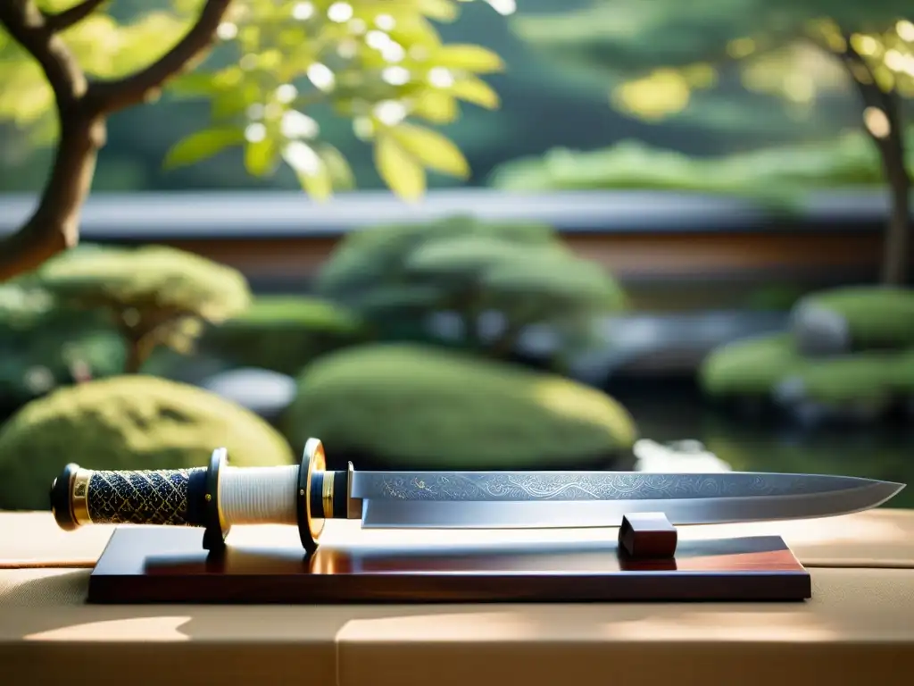 Una espada samurái descansa sobre un soporte de madera en un jardín japonés, evocando la espiritualidad del samurái en textos filosóficos