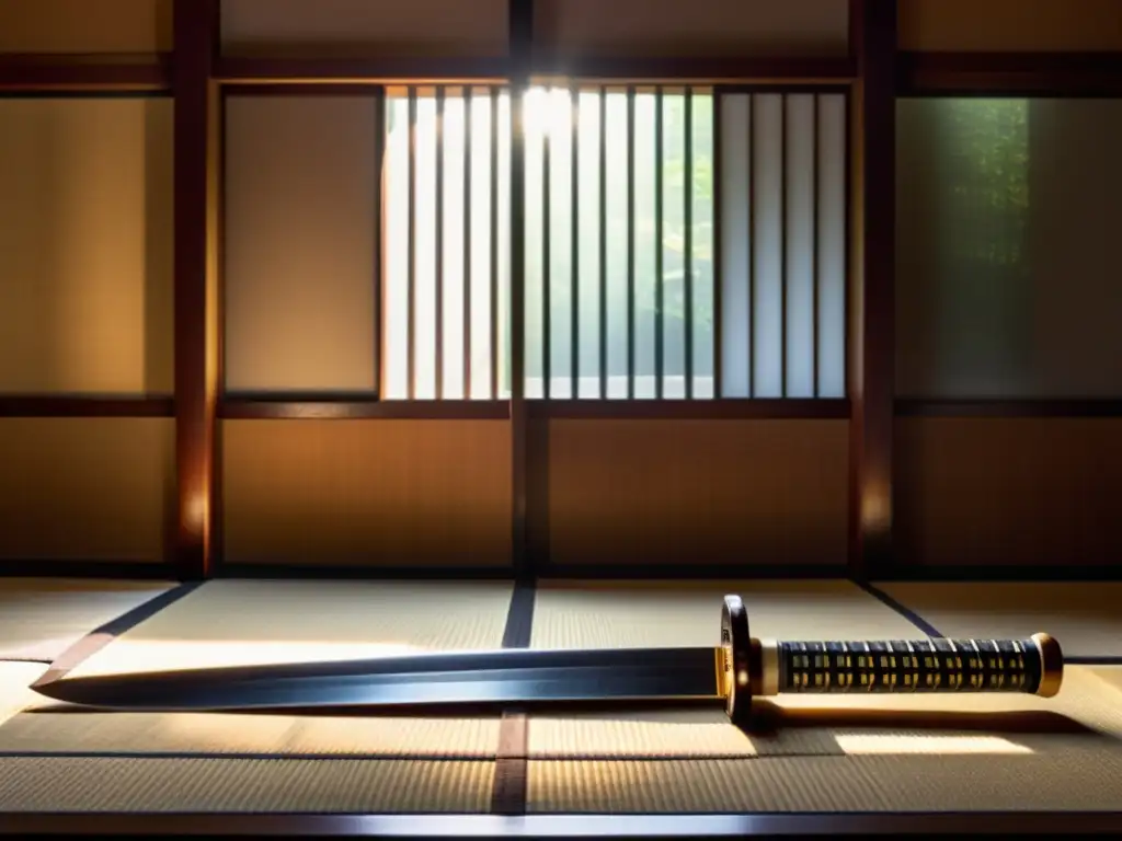 Una espada samurái tradicional reposa en un soporte de madera, iluminada por un rayo de luz en un dojo japonés sereno