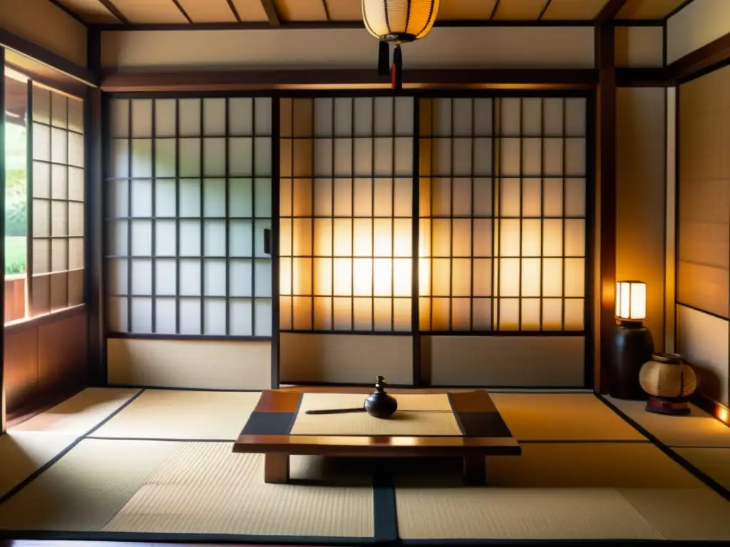 Decoración con espadas samurái: Sala tatami japonesa con katanas en sus fundas y puertas de papel de arroz