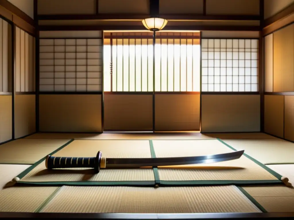 Decoración con espadas samurái: Imagen documental de una elegante habitación japonesa con un katana en un tokonoma