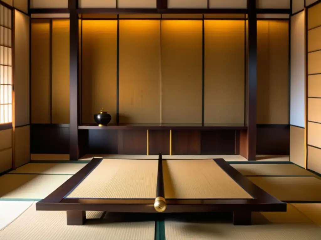 Decoración con espadas samurái en elegante habitación tatami japonesa, iluminada por luz dorada a través de pantallas shoji