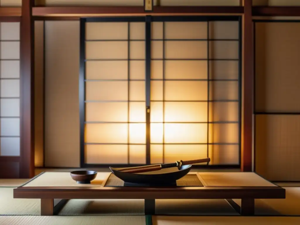 Decoración con espadas samurái en hogar japonés tradicional, con katanas ornamentadas y ambiente cálido de luz natural