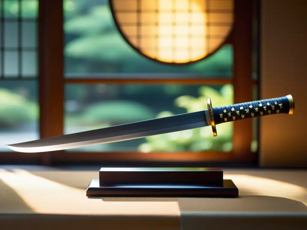 Decoración con espadas samurái: Detalle de katana japonesa tradicional en elegante soporte, resaltada por la luz natural