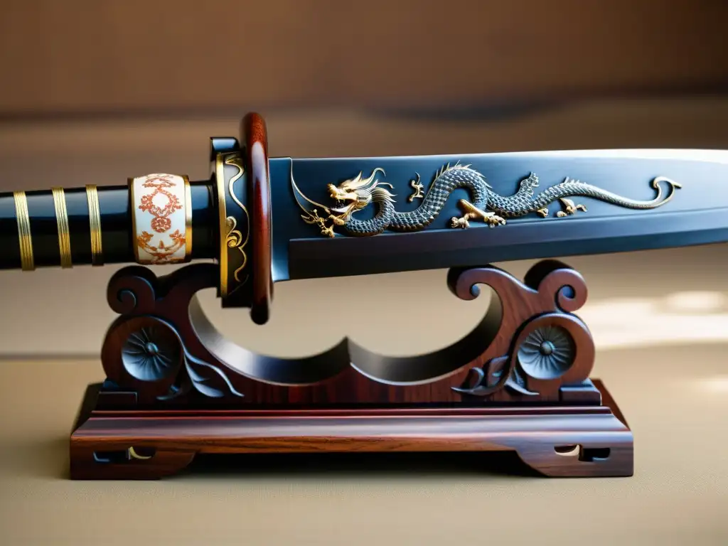 Exponer colección espadas samurai elegancia: soporte japonés tallado con dragones y cerezos en madera oscura